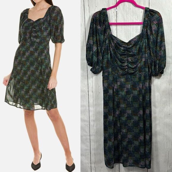 Cabi Multicolor Ruched Puff Sleeve Dress Size Large Mesh Overlay Style 4214 - Picture 1 of 15
